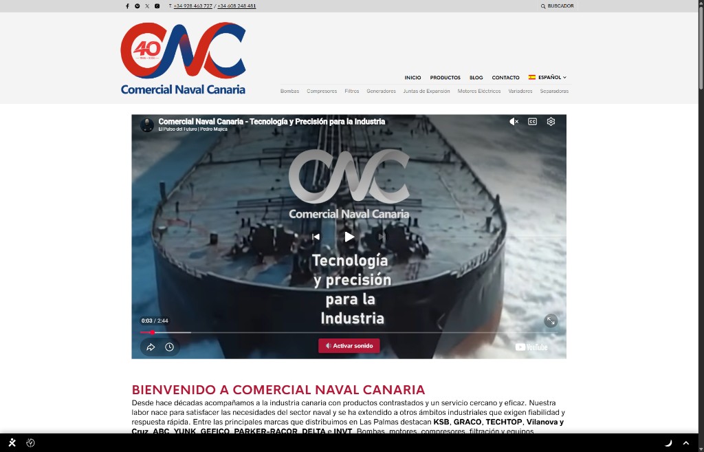 Homepage anterior de Comercial Naval Canaria con el logo del 40 aniversario 1984-2024
