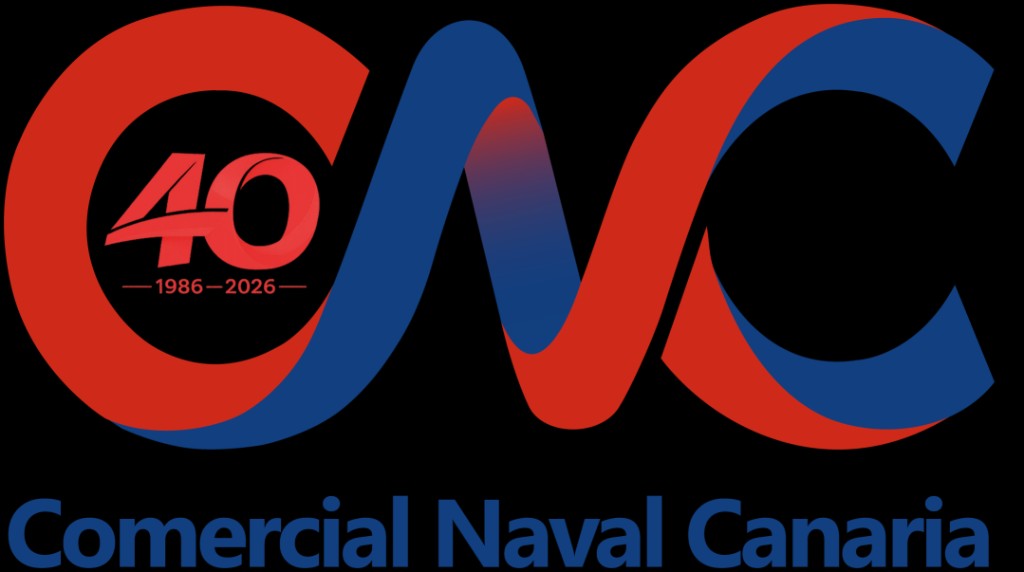 Logo de Comercial Naval Canaria — 40 aniversario 1986-2026, gradiente rojo-azul sobre fondo negro