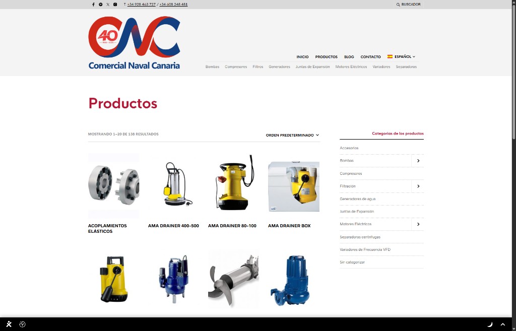 Página de productos de Comercial Naval Canaria con el nuevo logo